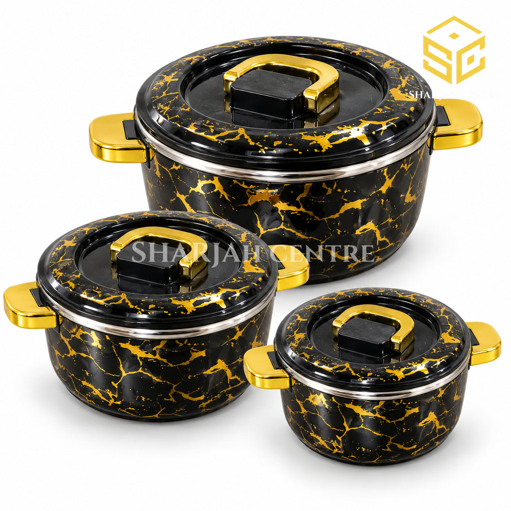 Billi black gold marble 3-piece insulated hotpot set with gold handles
