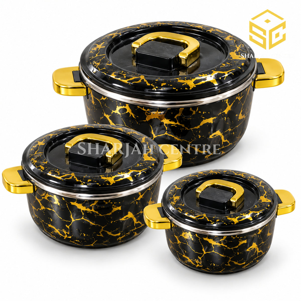 Billi black gold marble 3-piece insulated hotpot set with gold handles
