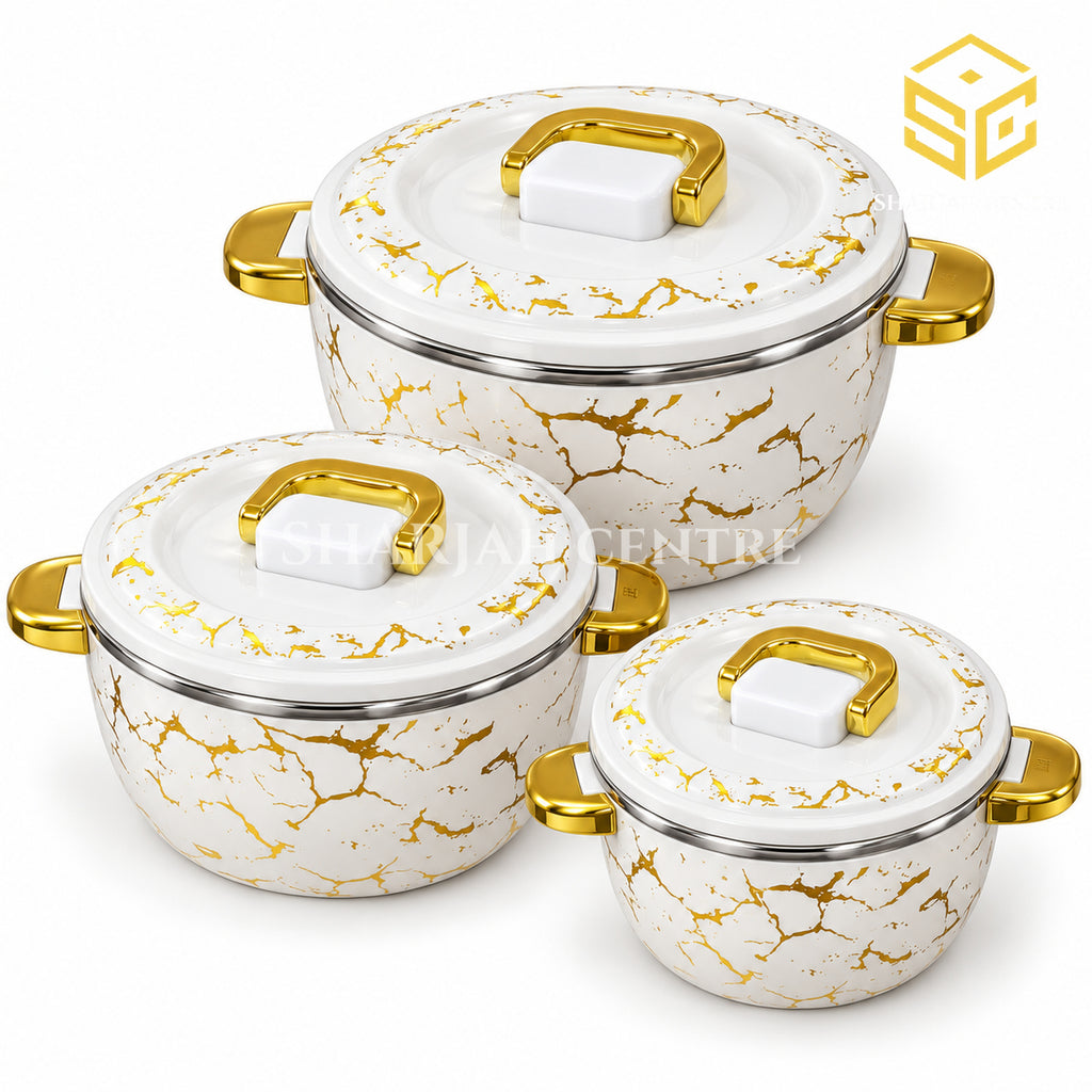 Billi white gold marble 3-piece insulated hotpot set with gold handles