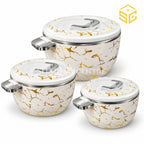 Billi white gold marble 3-piece insulated hotpot set with silver handles