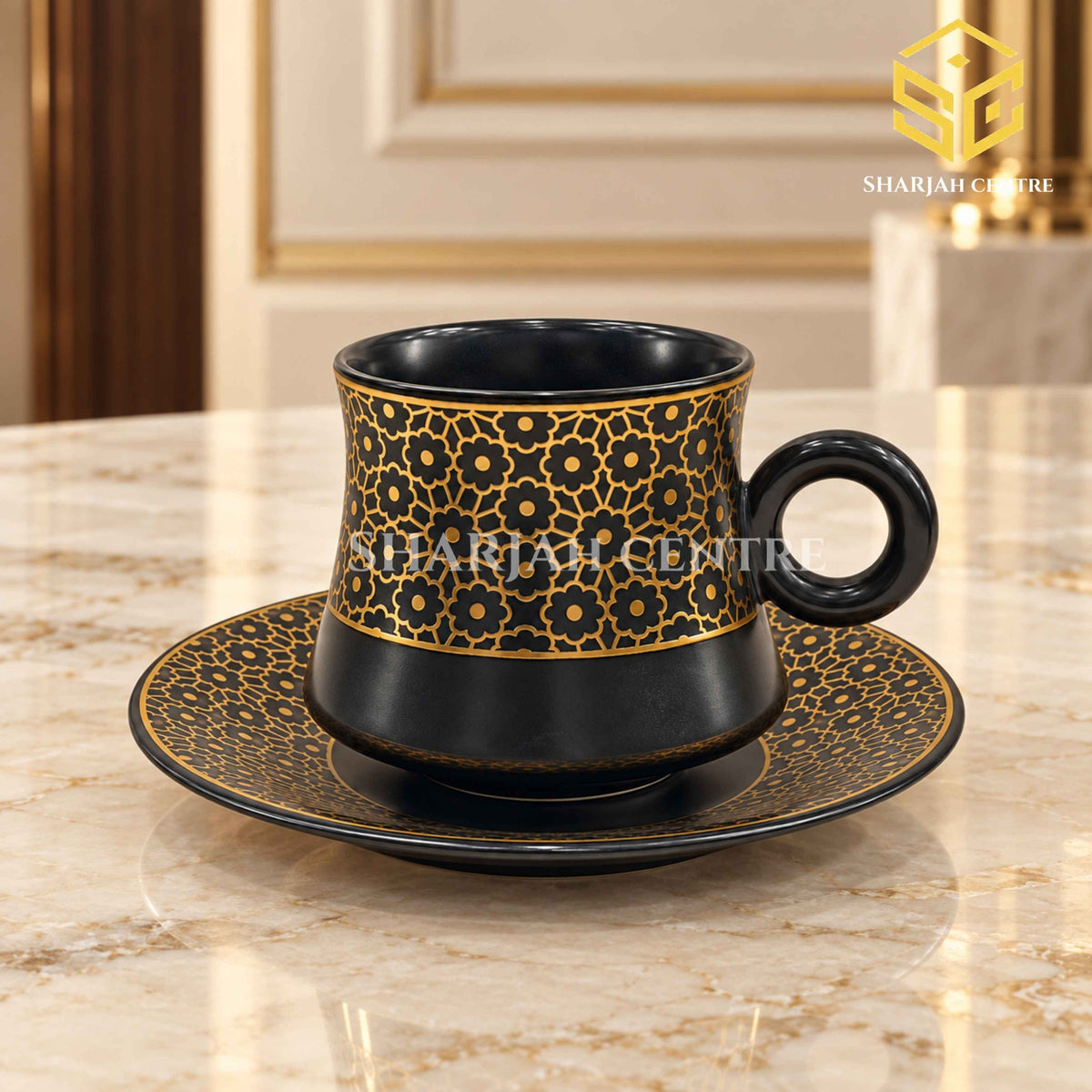 black cup and saucer, gold floral pattern, luxury crockery, marble table setting, Sharjah Centre Multan