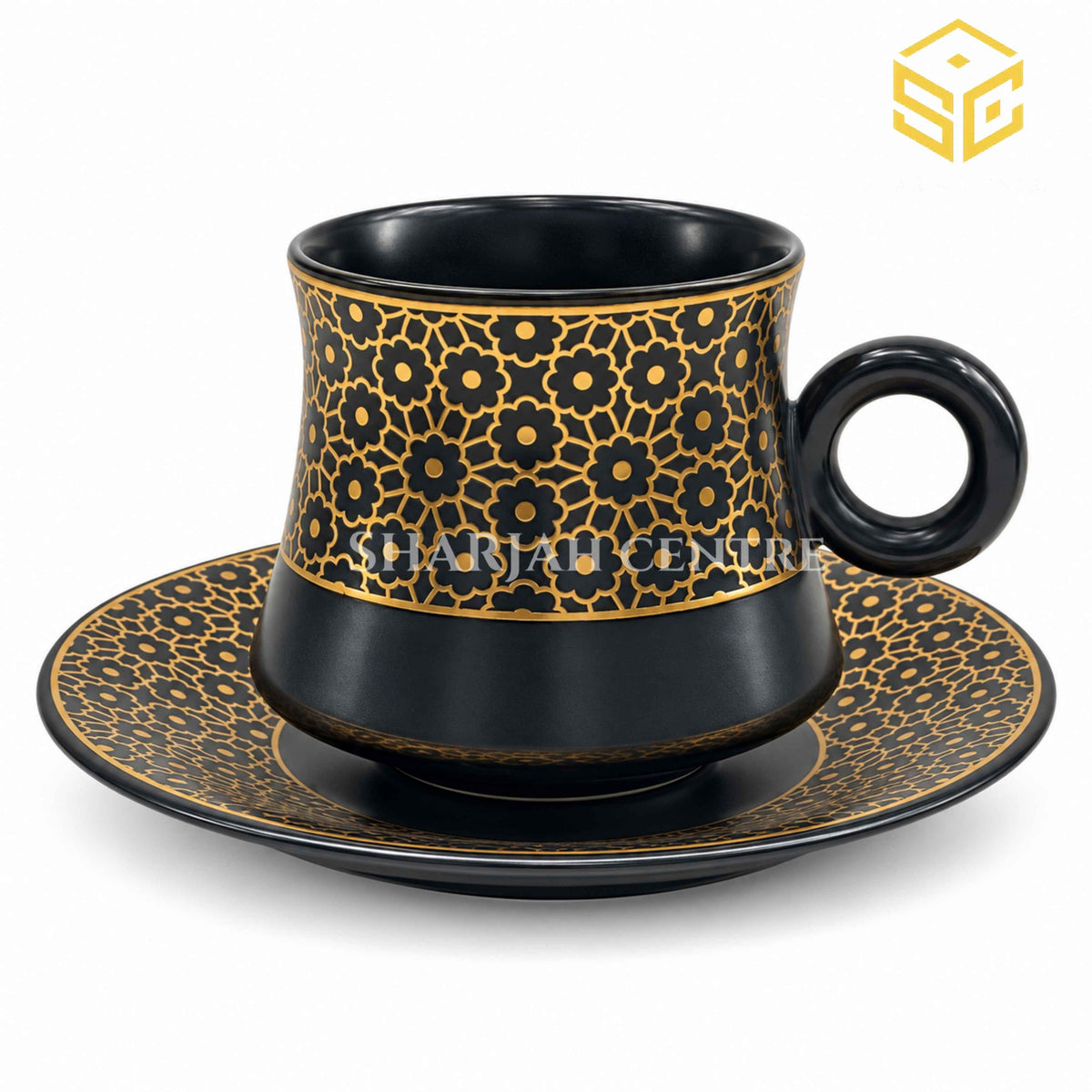 black and gold cup and saucer, floral gold design, premium tea cup, designer crockery, Sharjah Centre Multan