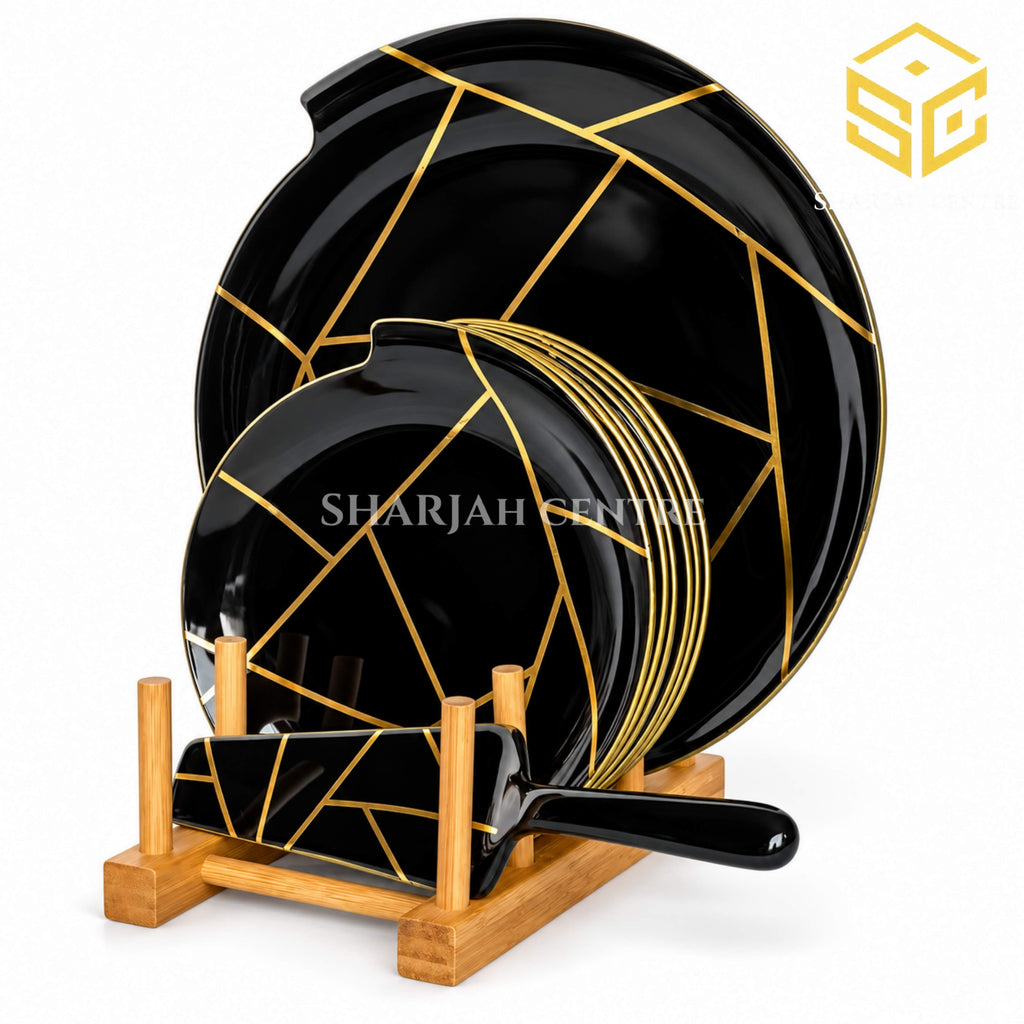 black and gold cake set, geometric cake set design, dessert plates with cake server, glossy cake plate set, Sharjah Centre Multan