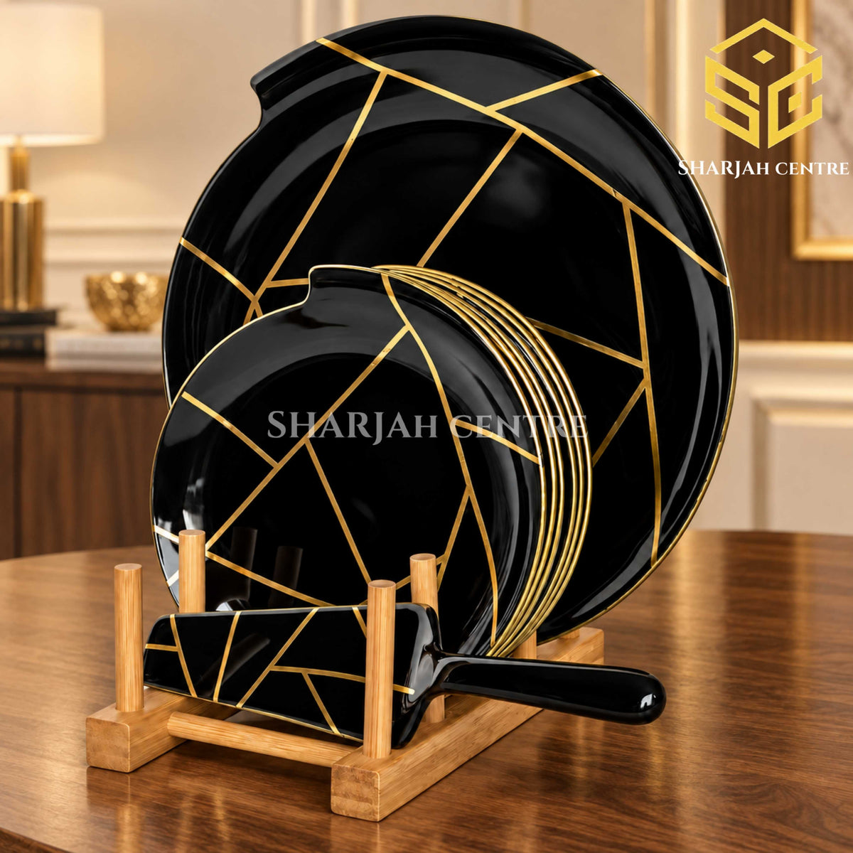 black gold geometric cake set on luxury table, elegant dessert plates, premium cake plate display, cake stand Sharjah Centre Multan