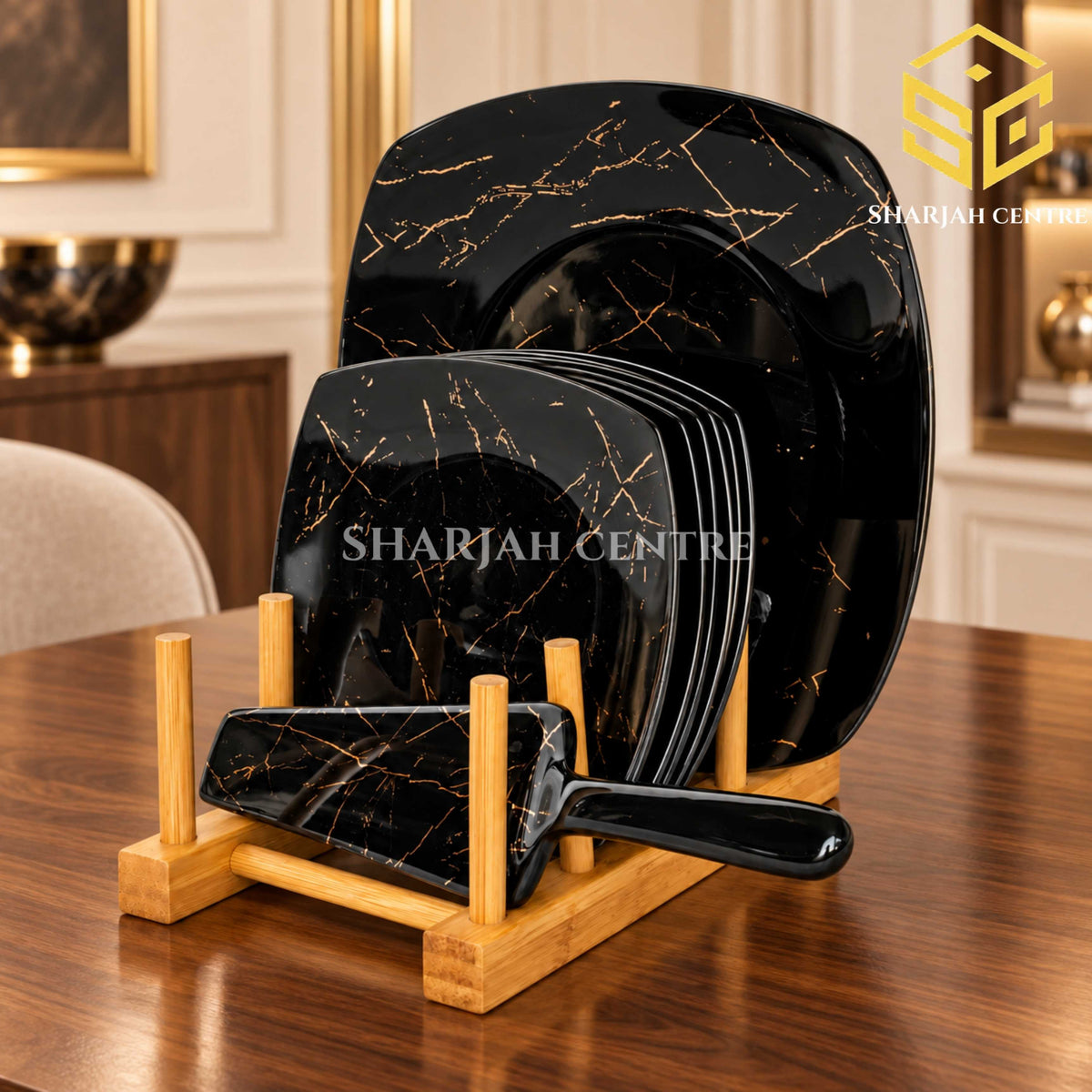 black gold cake set, marble design dessert plates, cake plate and server, luxury cake serving set, wooden rack, Sharjah Centre Multan