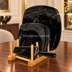 black marble cake set, gold vein cake plates, dessert plates, cake server, wooden display rack, luxury cake set, Sharjah Centre Multan
