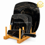 black gold marble cake set, square dessert plates, matching cake server, wooden rack, cake set design, Sharjah Centre Multan