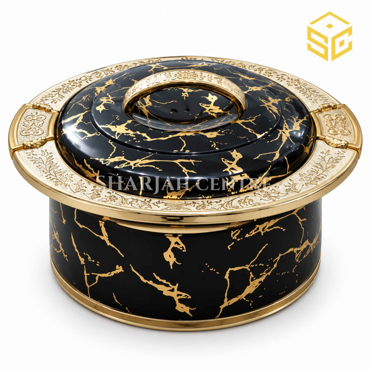 Black marble and gold insulated hotpot available at Sharjah Centre Multan