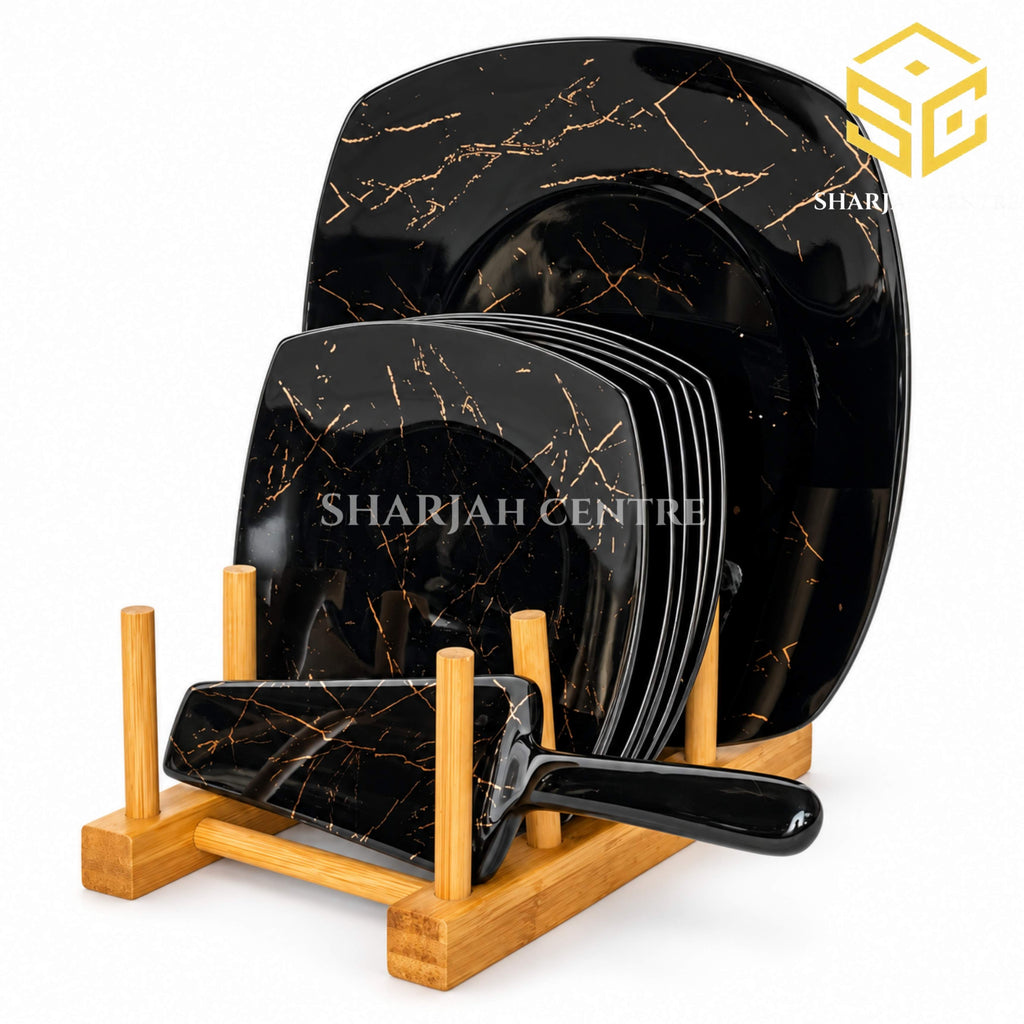 black marble cake set, gold marble cake set design, dessert plates, matching cake server, wooden display rack, cake serving set, Sharjah Centre Multan