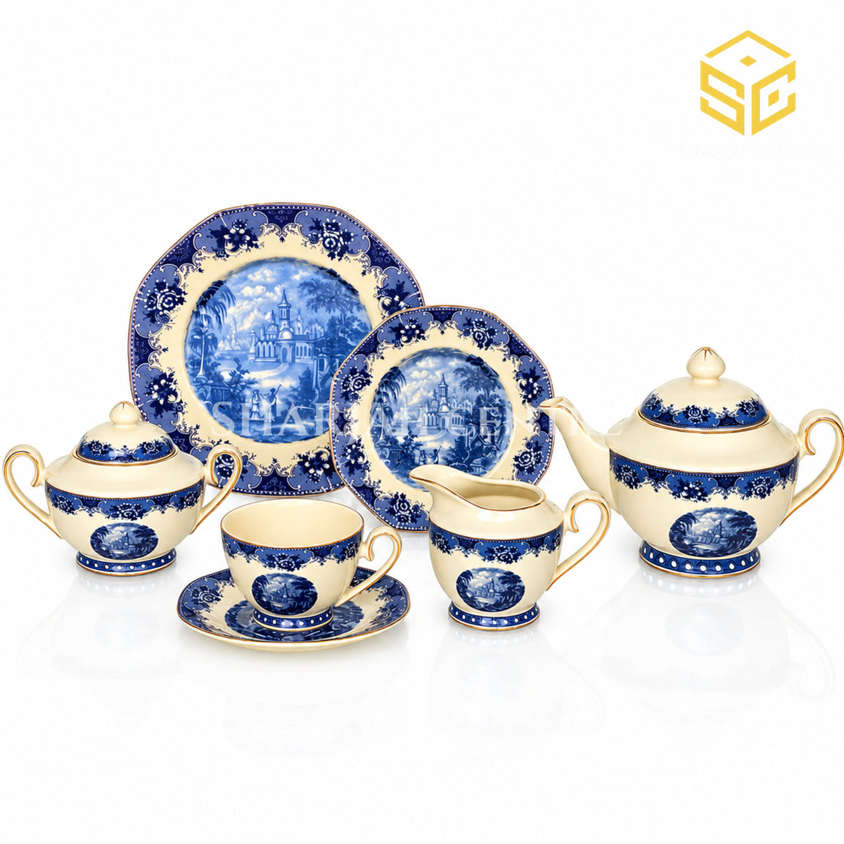 24-piece Super Bone tea set with 6 person serving, blue landscape scenes, floral borders and gold-tone edging white bg