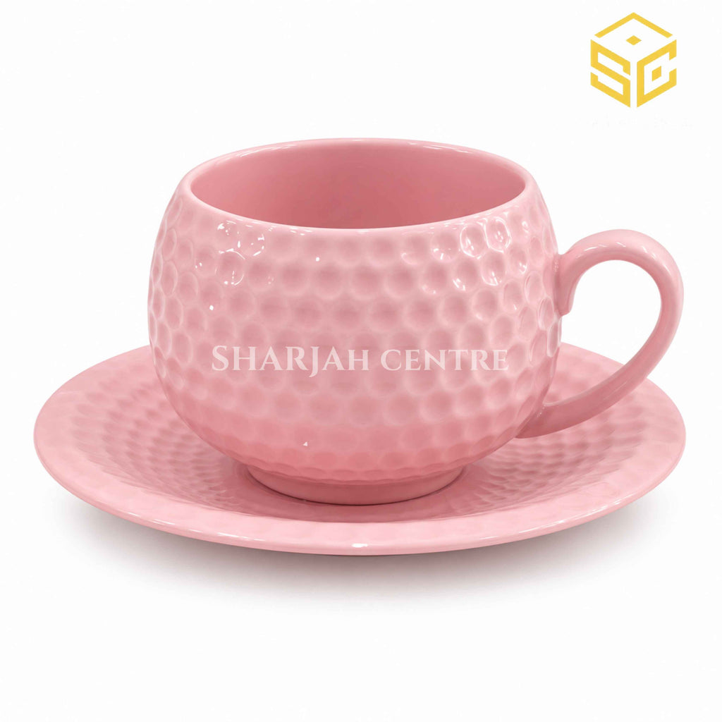 blush pink cup and saucer, embossed pebble texture, premium tea cup, pink crockery, Sharjah Centre Multan