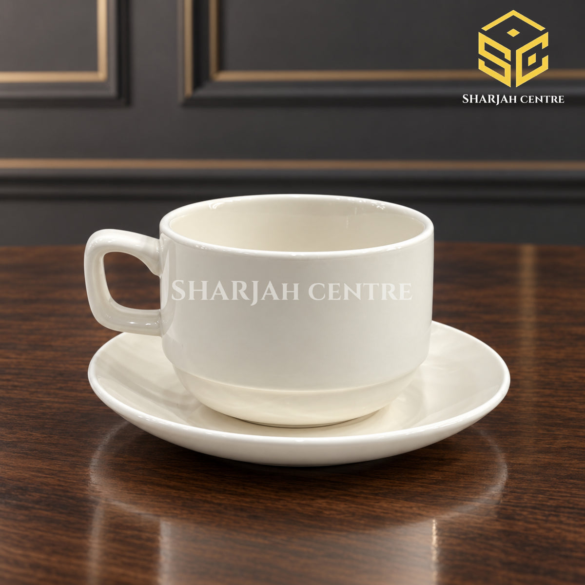 ivory white cup and saucer, classic tea cup, minimalist crockery, wooden table setting, Sharjah Centre Multan