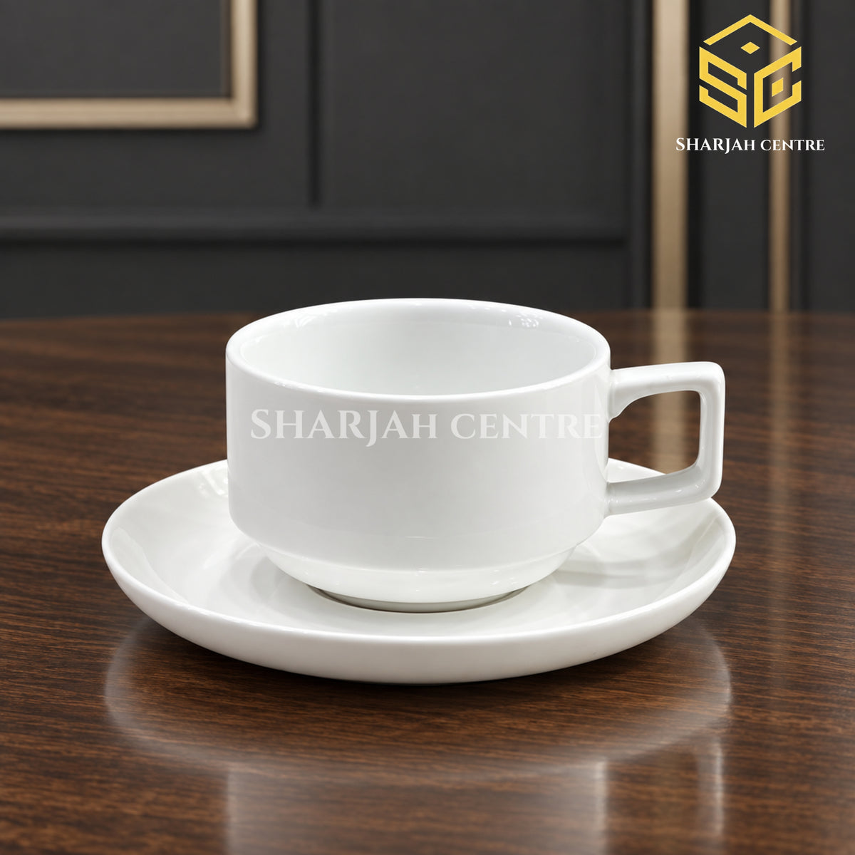Contan white cup and saucer, square handle, wide tea cup, minimalist crockery, wooden table setting, Sharjah Centre Multan