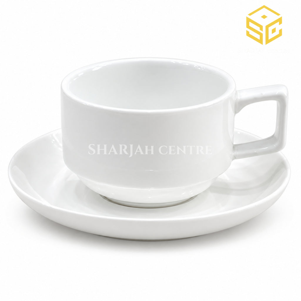 Contan white cup and saucer, square handle, plain white tea cup, modern crockery, Sharjah Centre Multan
