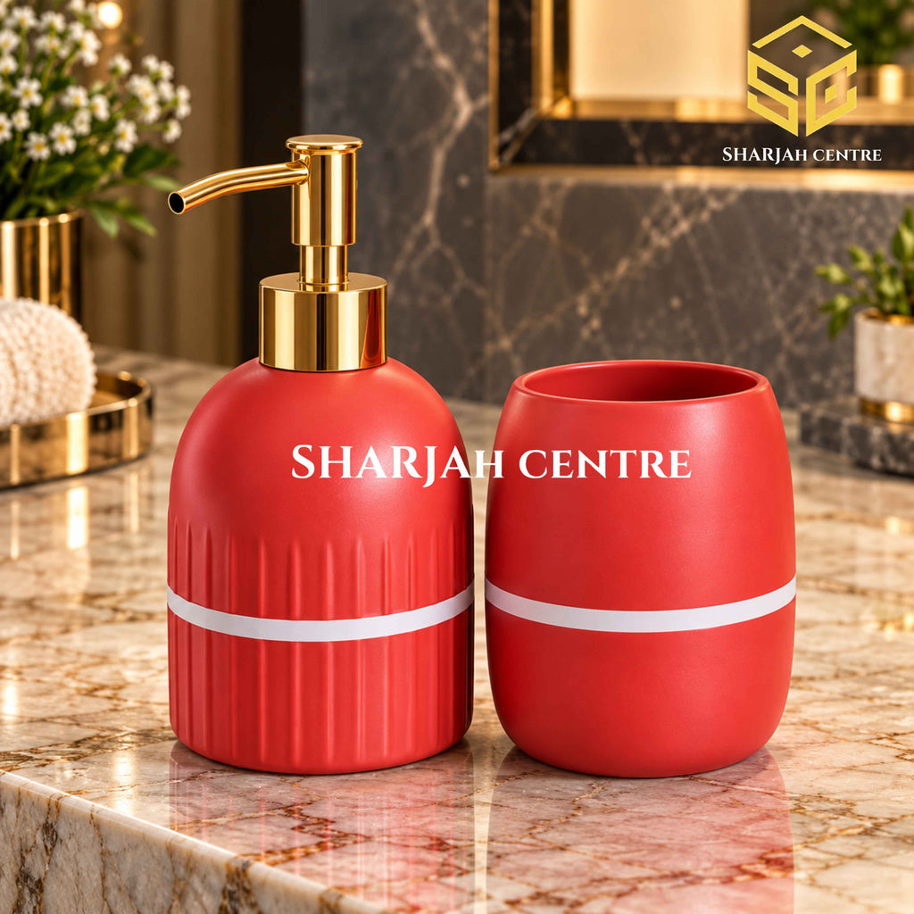 Red and gold 2-piece bathroom set CZT-34 with soap dispenser and tumbler at Sharjah Centre Multan