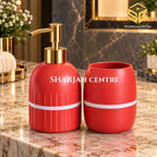 Red and gold 2-piece bathroom set CZT-34 with soap dispenser and tumbler at Sharjah Centre Multan