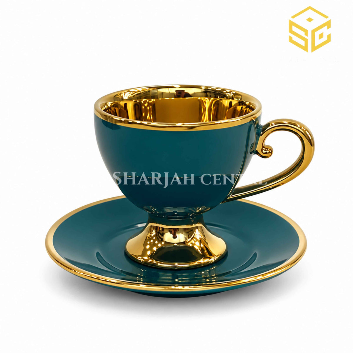 Deep teal and gold luxury cup and saucer on white background – Sharjah Centre