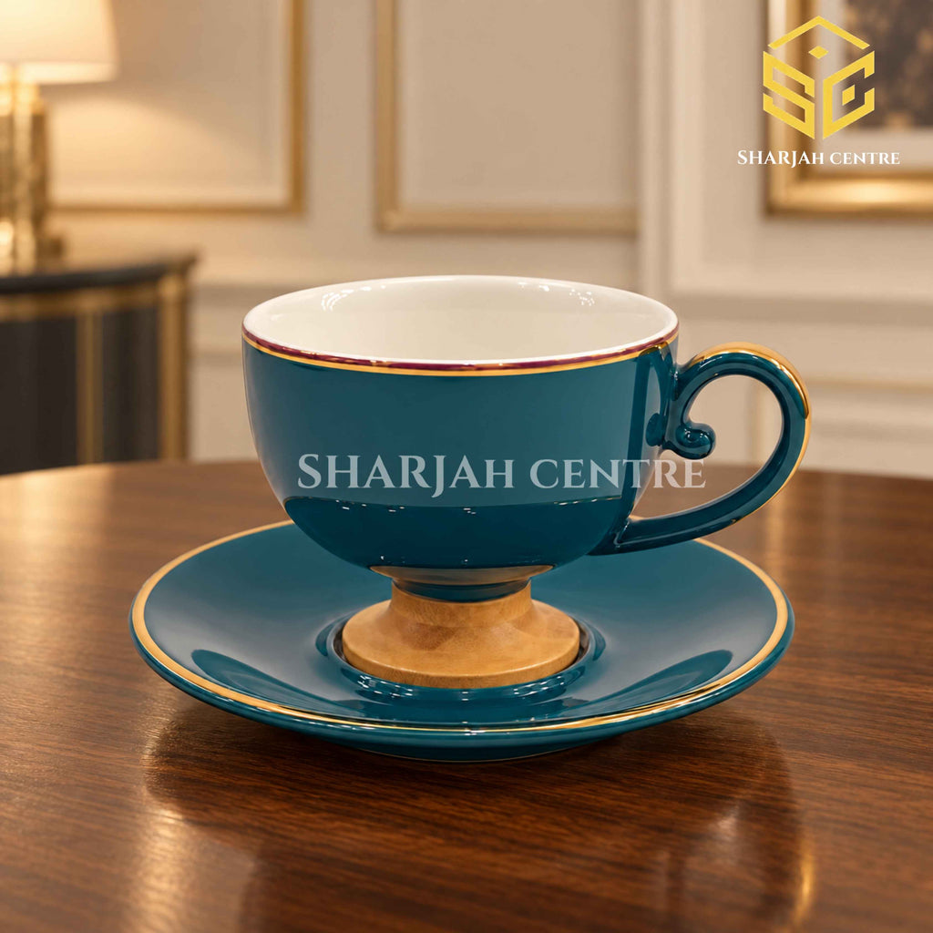 Deep teal cup and saucer, gold detailing, luxury wooden table, premium crockery, Sharjah Centre Multan