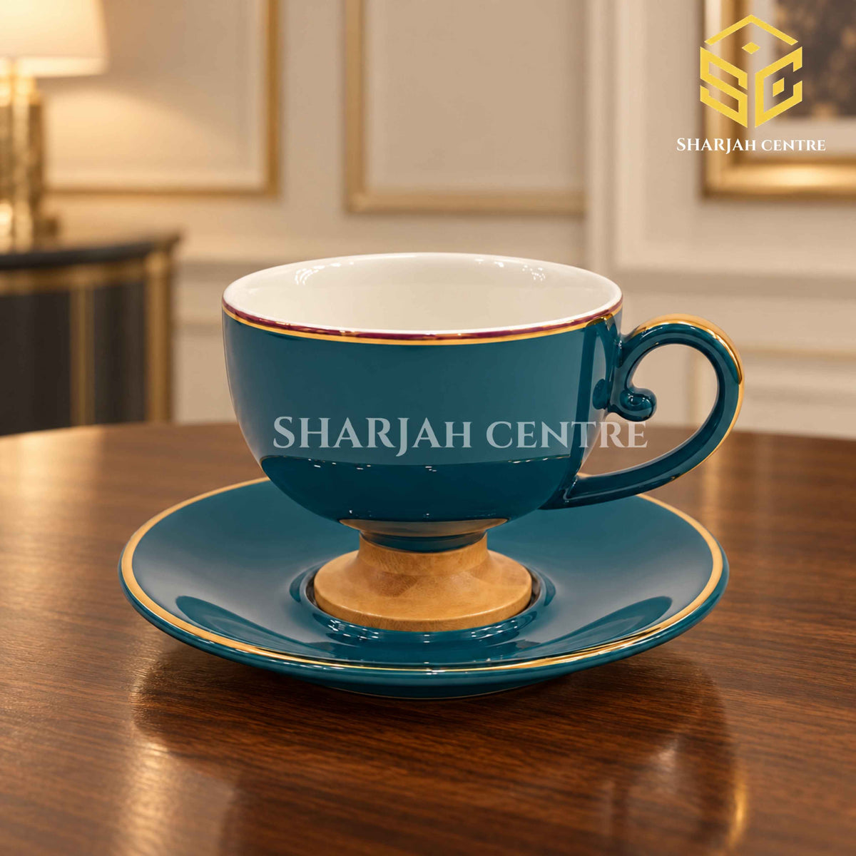 Deep teal cup and saucer, gold detailing, luxury wooden table, premium crockery, Sharjah Centre Multan