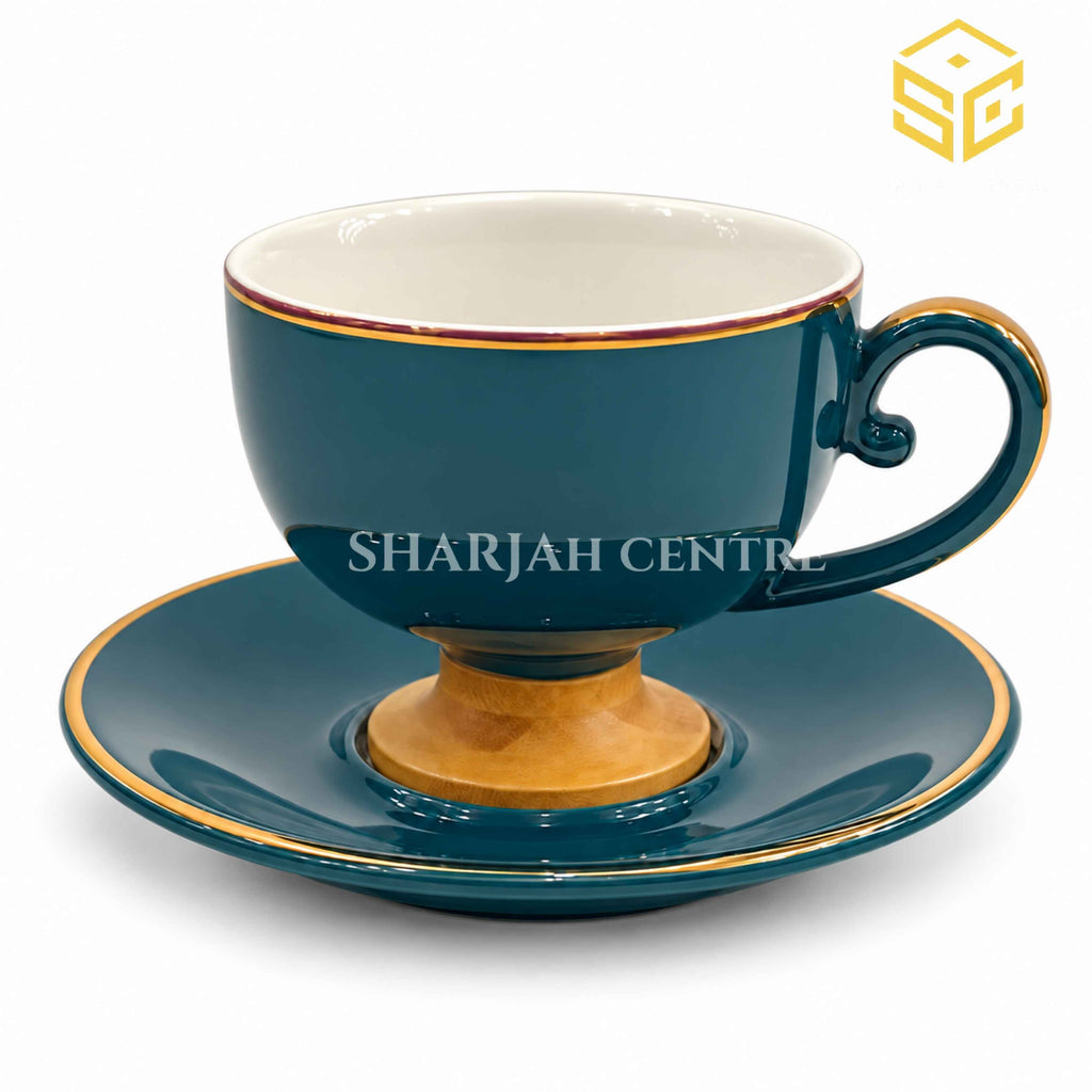 Deep teal cup and saucer, gold rim, gold pedestal base, premium tea cup, Sharjah Centre Multan