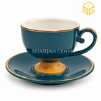 Deep teal cup and saucer, gold rim, gold pedestal base, premium tea cup, Sharjah Centre Multan