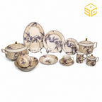 Elegance LD-08 61-piece porcelain dinner set with ivory beige finish, plum-grey roses and gold accents for 8 persons white bg
