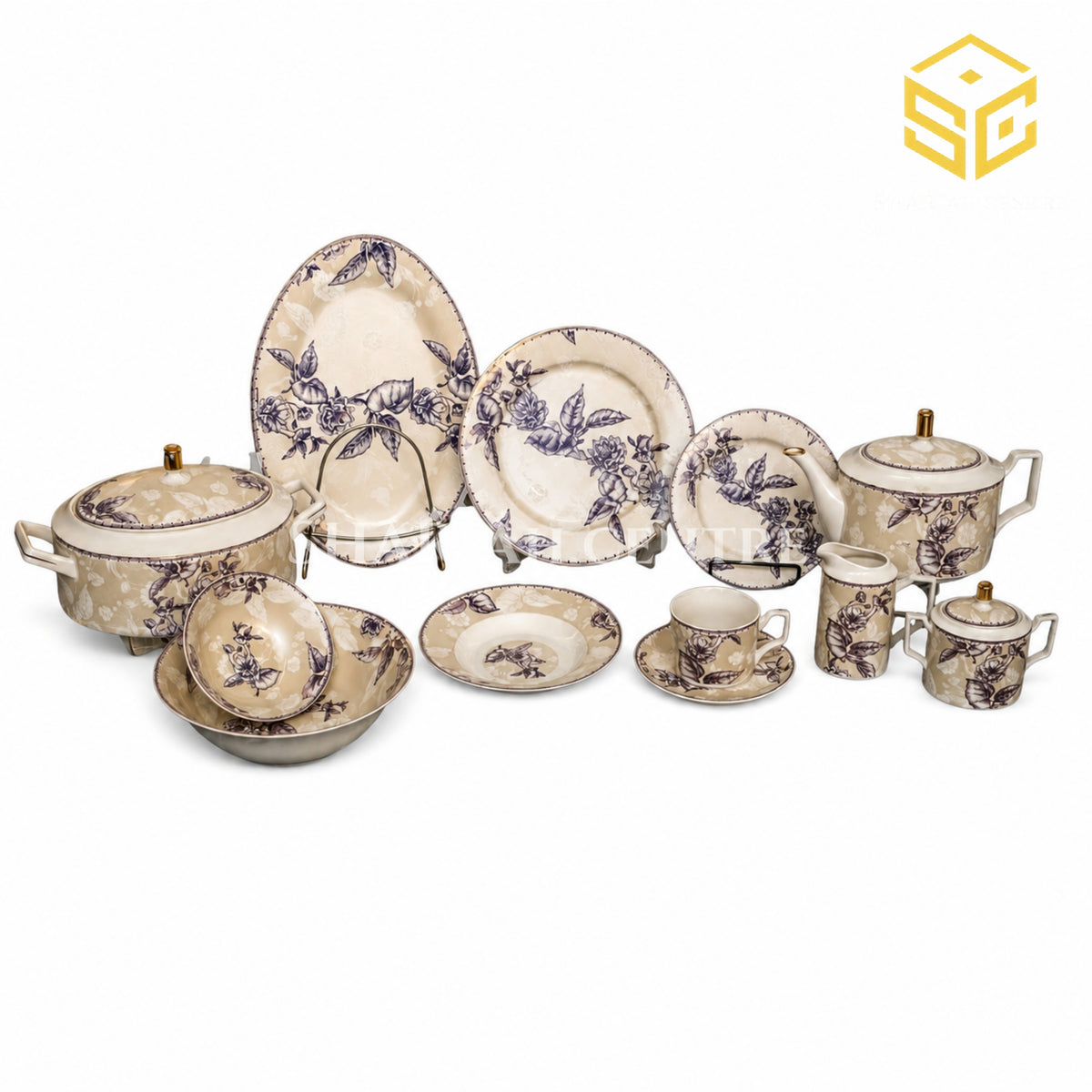 Elegance LD-08 61-piece porcelain dinner set with ivory beige finish, plum-grey roses and gold accents for 8 persons white bg