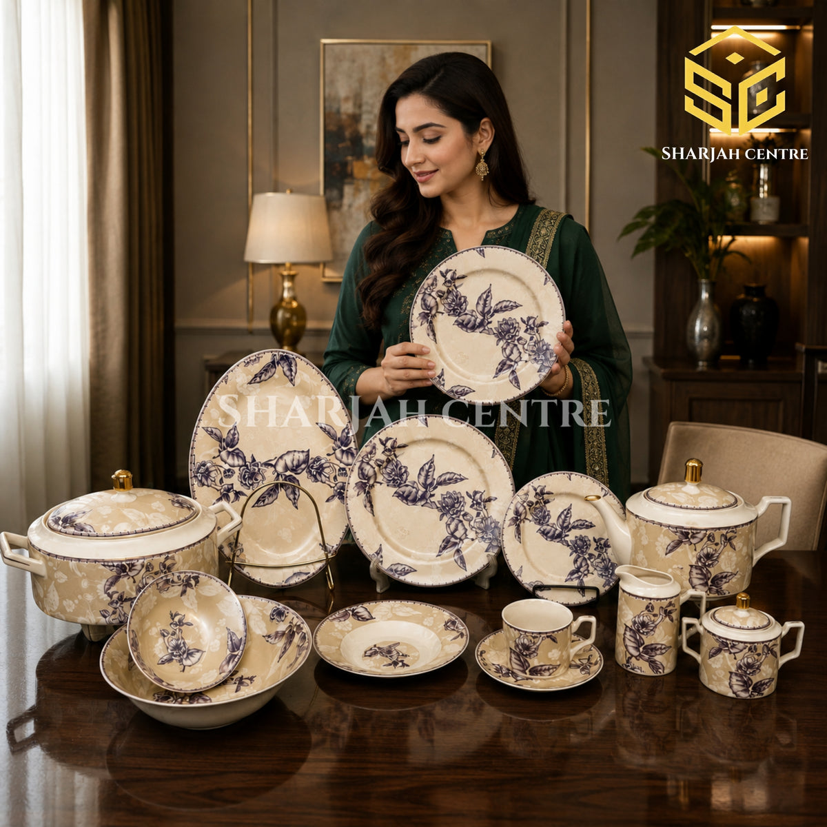 Elegance LD-08 61-piece porcelain dinner set with ivory beige finish, plum-grey roses and gold accents for 8 persons model bg
