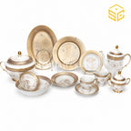 Elegance BJ-03 61-piece fine porcelain dinner set with champagne-gold borders and taupe floral artwork for 8 persons white bg