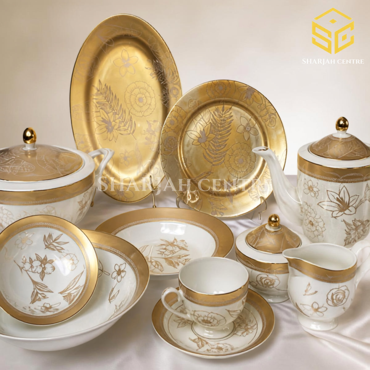 Elegance BJ-03 61-piece fine porcelain dinner set with champagne-gold borders and taupe floral artwork for 8 persons