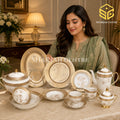 Elegance BJ-03 61-piece fine porcelain dinner set with champagne-gold borders and taupe floral artwork for 8 persons model bg