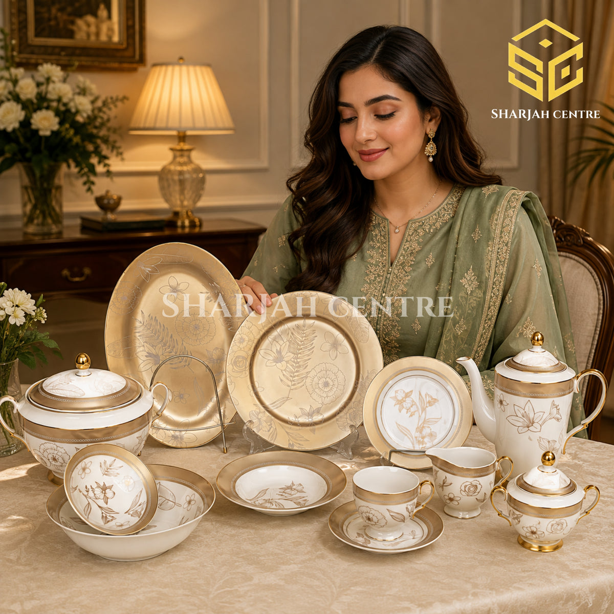Elegance BJ-03 61-piece fine porcelain dinner set with champagne-gold borders and taupe floral artwork for 8 persons model bg