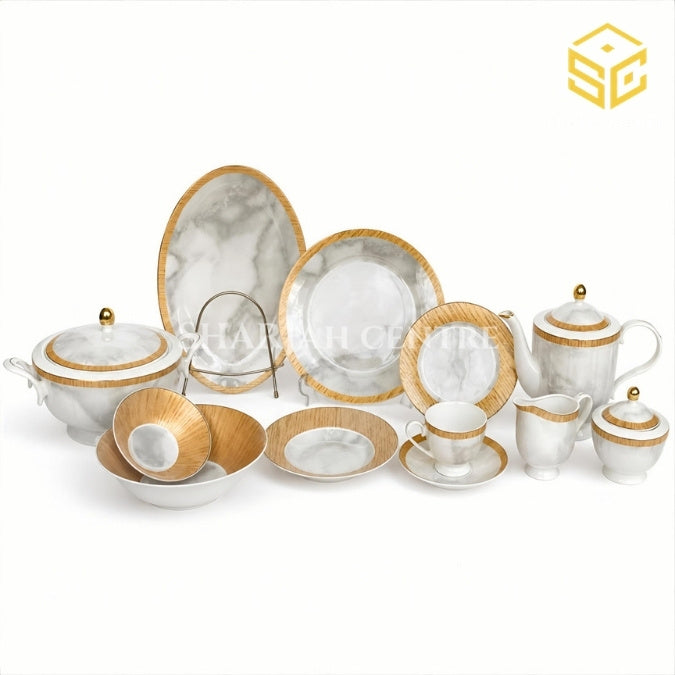 Elegance BJ-10 61-piece fine porcelain dinner set with grey marble pattern and golden-brown borders for 8 persons
