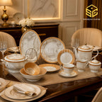 Elegance BJ-10 61-piece fine porcelain dinner set with grey marble pattern and golden-brown borders for 8 persons
