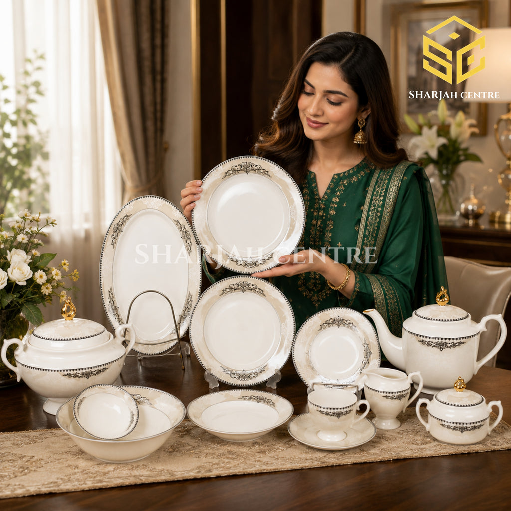 Elegance FY-02 61-piece fine porcelain dinner set with black and beige ornamental borders for an 8 person serving model bg
