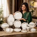 Elegance FY-02 61-piece fine porcelain dinner set with black and beige ornamental borders for an 8 person serving model bg