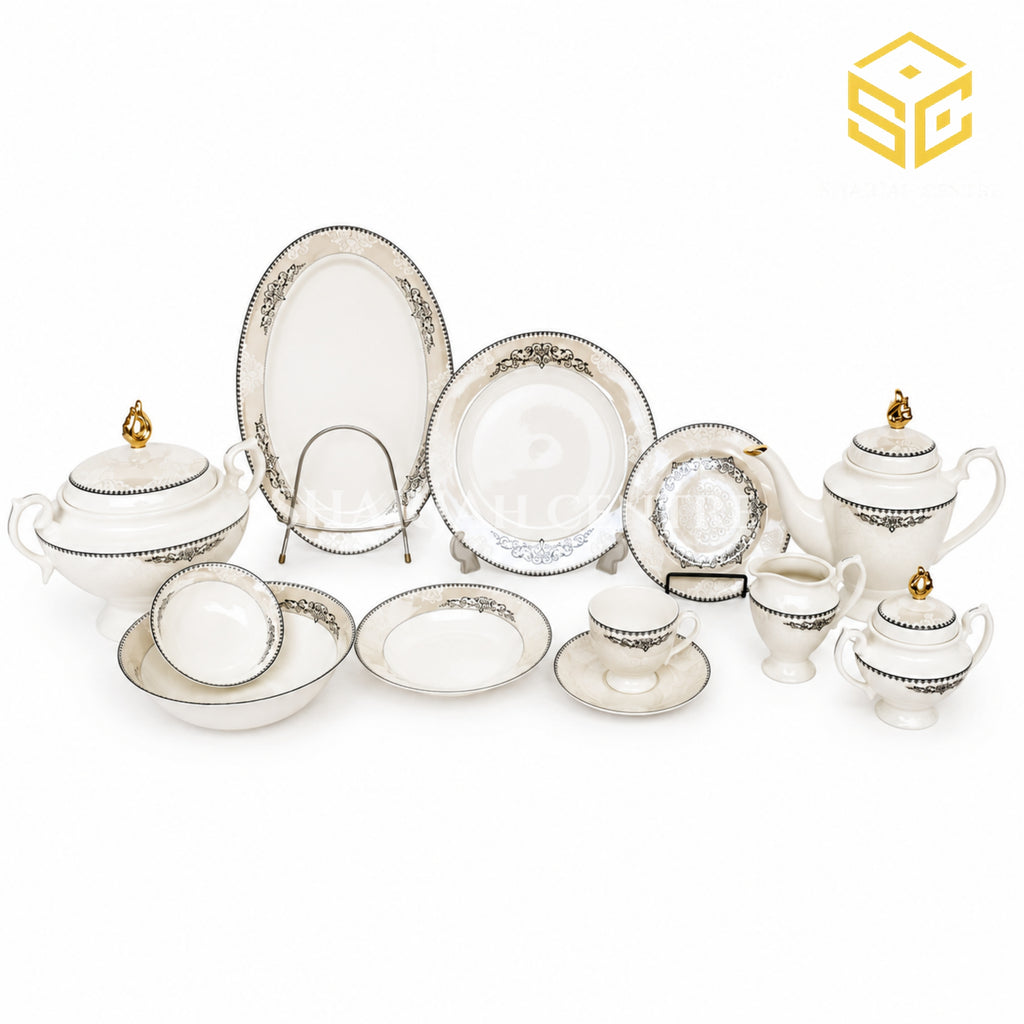 Elegance FY-02 61-piece fine porcelain dinner set with black and beige ornamental borders for an 8 person serving white bg