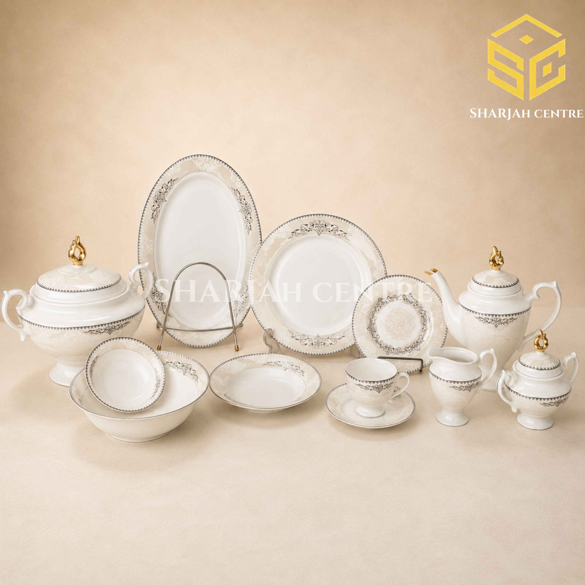 Elegance FY-02 61-piece fine porcelain dinner set with black and beige ornamental borders for an 8 person serving color bg