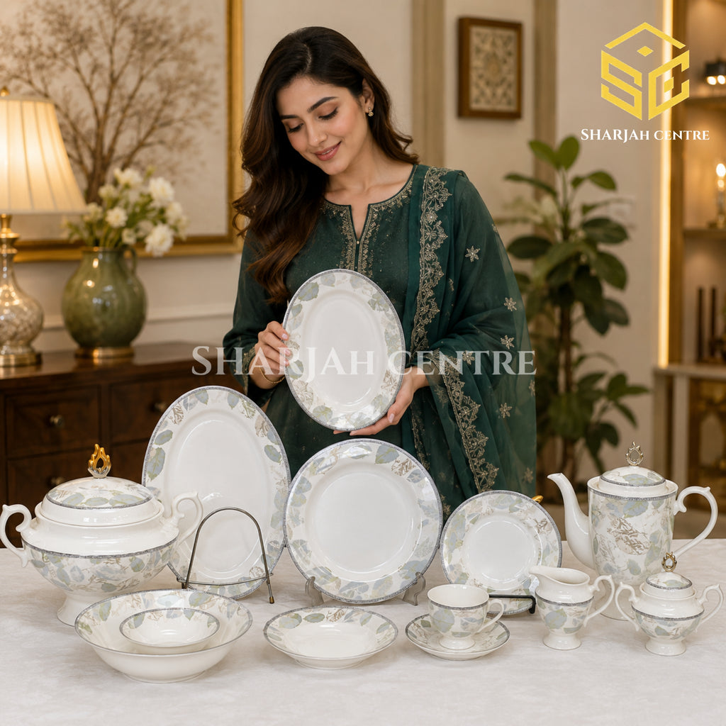 Elegance FY-05 61-piece fine porcelain dinner set with pastel blue, sage and beige leaf borders for 8 persons model bg