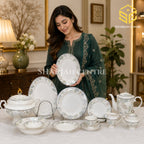 Elegance FY-05 61-piece fine porcelain dinner set with pastel blue, sage and beige leaf borders for 8 persons model bg