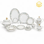 Elegance FY-05 61-piece fine porcelain dinner set with pastel blue, sage and beige leaf borders for 8 persons white bg