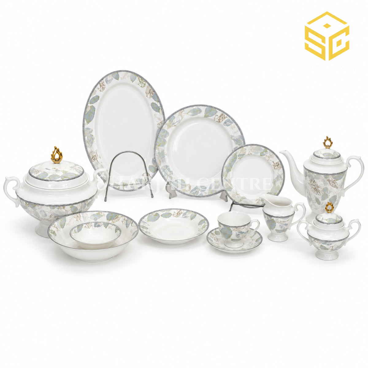 Elegance FY-05 61-piece fine porcelain dinner set with pastel blue, sage and beige leaf borders for 8 persons white bg