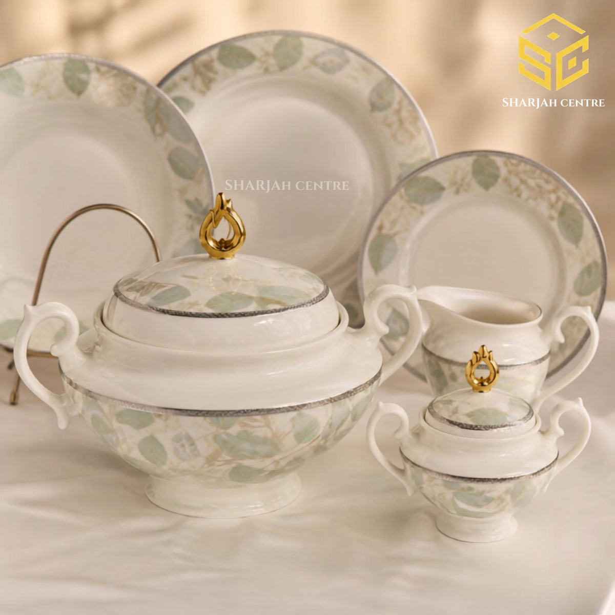 Elegance FY-05 61-piece fine porcelain dinner set with pastel blue, sage and beige leaf borders for 8 persons
