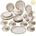 Elegance FY-05 61-piece fine porcelain dinner set with pastel blue, sage and beige leaf borders for 8 persons