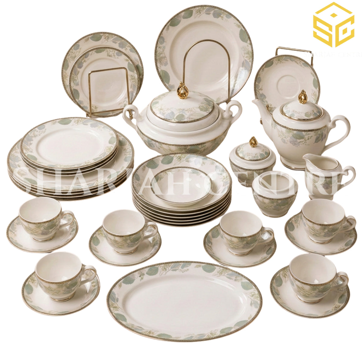 Elegance FY-05 61-piece fine porcelain dinner set with pastel blue, sage and beige leaf borders for 8 persons