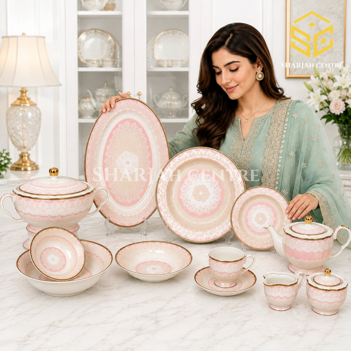 Elegance Leonardo 61-piece fine bone china dinner set with pink detailing and gold rims for 8 persons Model Bg