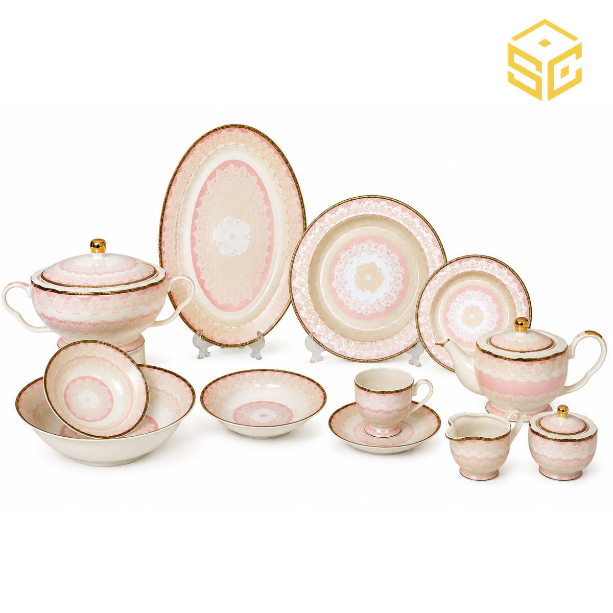Elegance Leonardo 61-piece fine bone china dinner set with pink detailing and gold rims for 8 persons White bg