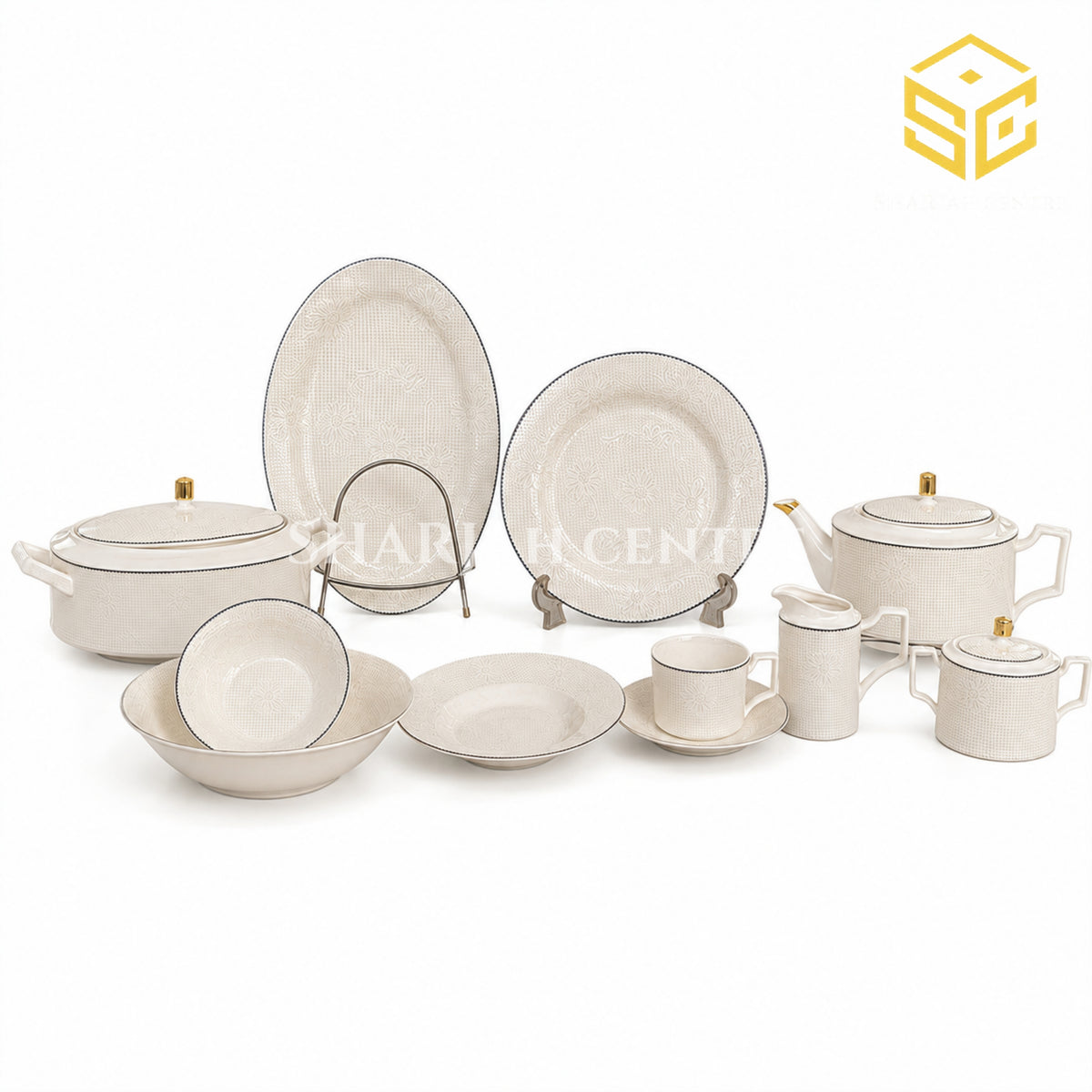 Elegance Leonardo Sheer White 61-piece fine bone china dinner set with textured pattern and charcoal edging for 8 persons white bg