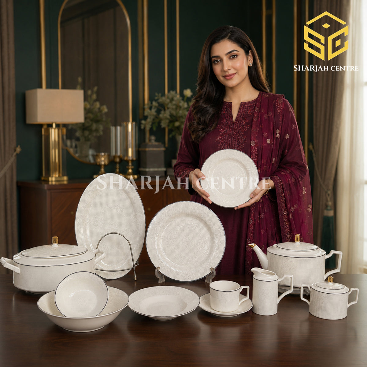 Elegance Leonardo Sheer White 61-piece fine bone china dinner set with textured pattern and charcoal edging for 8 persons model bg