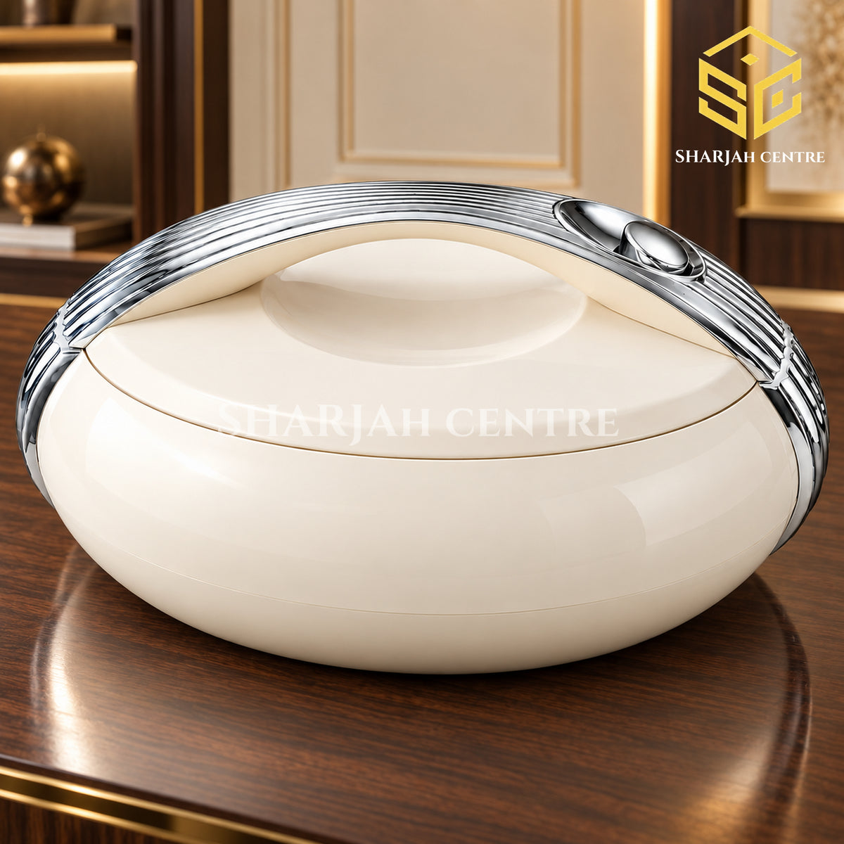 Forever Gold ivory and silver oval hotpot displayed on a luxury wooden table